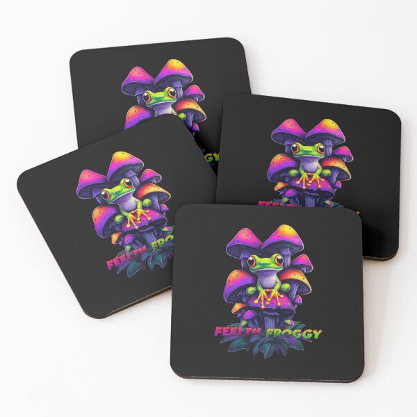 Item preview, Feelin Froggy | green frog sitting among neon mushrooms designed and sold by Zavdesign.