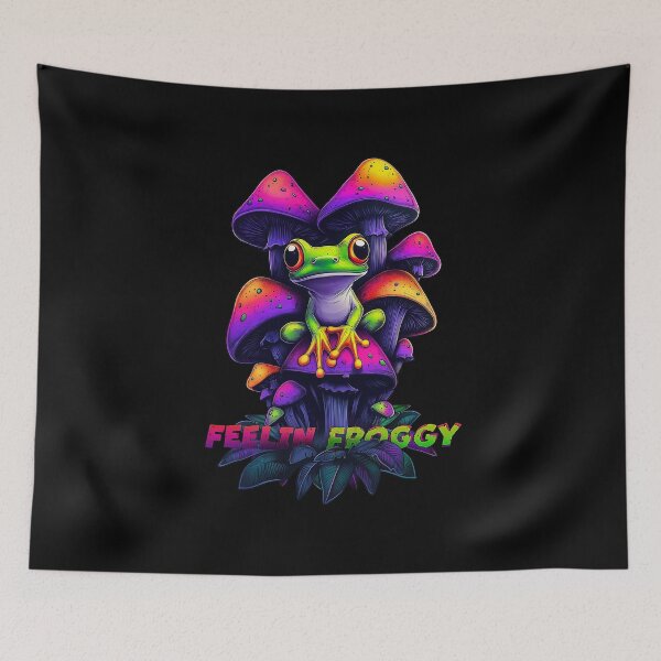 Item preview, Feelin Froggy | green frog sitting among neon mushrooms designed and sold by Zavdesign.