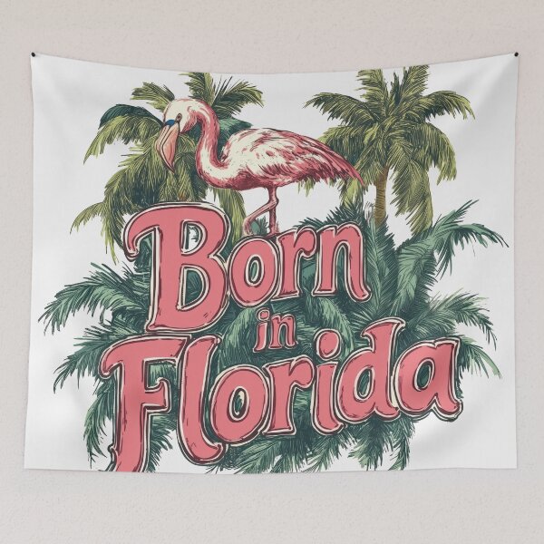 Item preview, Born in Florida Pink Flamingo and Tropical Palm Trees designed and sold by OriginalBeerCat.