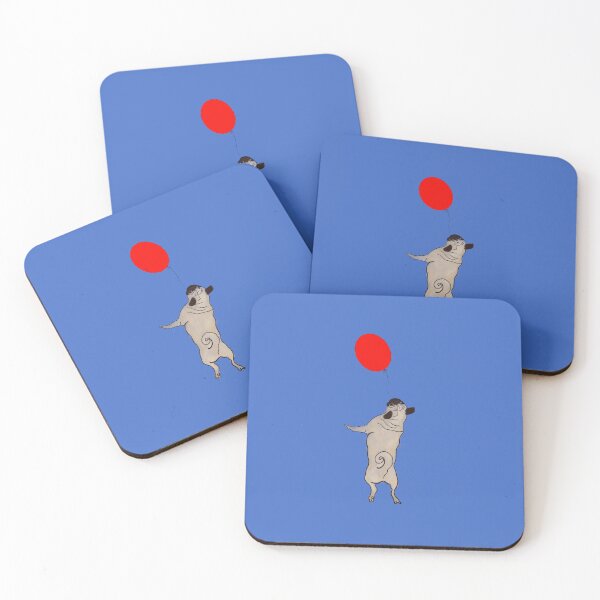 Item preview, Cream Pug jumping up to catch a Red Balloon, blue background designed and sold by MonicaArtist.