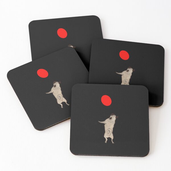 Item preview, Cream Pug jumping up to catch a Red Balloon, black background designed and sold by MonicaArtist.