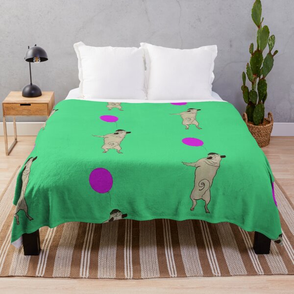 Item preview, Cream Pug jumping up to catch a Purple Balloon, green background designed and sold by MonicaArtist.