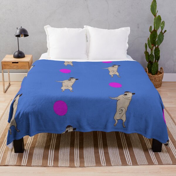 Item preview, Cream Pug jumping up to catch a Purple Balloon, blue background designed and sold by MonicaArtist.