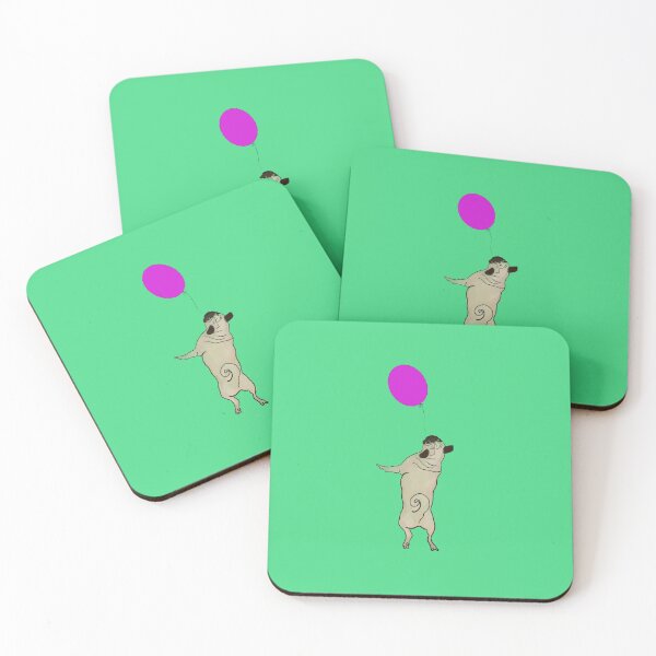 Item preview, Cream Pug jumping up to catch a Purple Balloon, green background designed and sold by MonicaArtist.