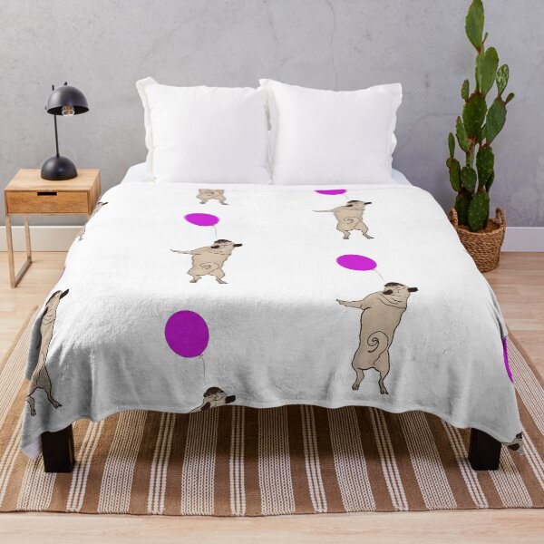 Item preview, Cream Pug jumping up to catch a Pink Purple Balloon, white background designed and sold by MonicaArtist.
