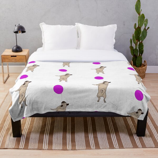 Item preview, Cream Pug jumping up to catch a Pink Purple Balloon, white background designed and sold by MonicaArtist.