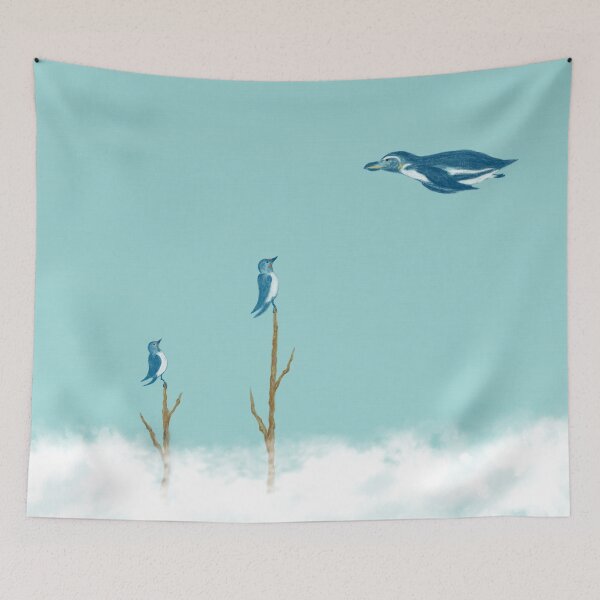Item preview, A flying penguin and swallows over the cloud designed and sold by greenPQBstudio.