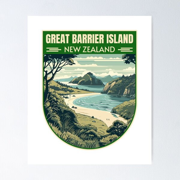 Aperçu de l'œuvre Paysage artistique de voyage rétro de l'île de la Grande Barrière en Nouvelle-Zélande créée et vendue par MaateoDesign.
