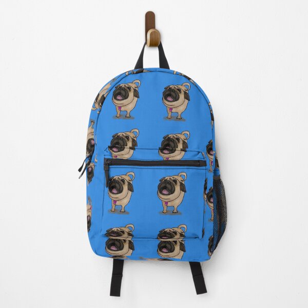Item preview, Barking PUG! Cream, Tan, Black with pink heart and the word ‘LOVE’ blue background designed and sold by MonicaArtist.