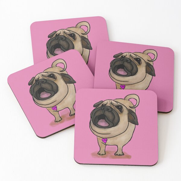 Item preview, Barking PUG! Cream, Tan, Black with pink heart and the word ‘LOVE’ pink background designed and sold by MonicaArtist.
