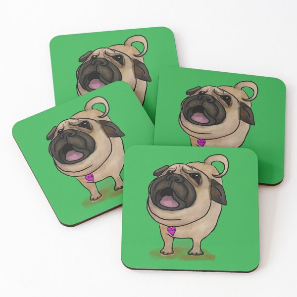 Item preview, Barking PUG! Cream, Tan, Black with pink heart and the word ‘LOVE’ green background designed and sold by MonicaArtist.