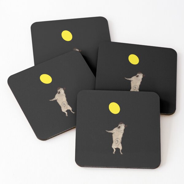 Item preview, Cream Pug jumping up to catch a Lemon Yellow Balloon, black background designed and sold by MonicaArtist.