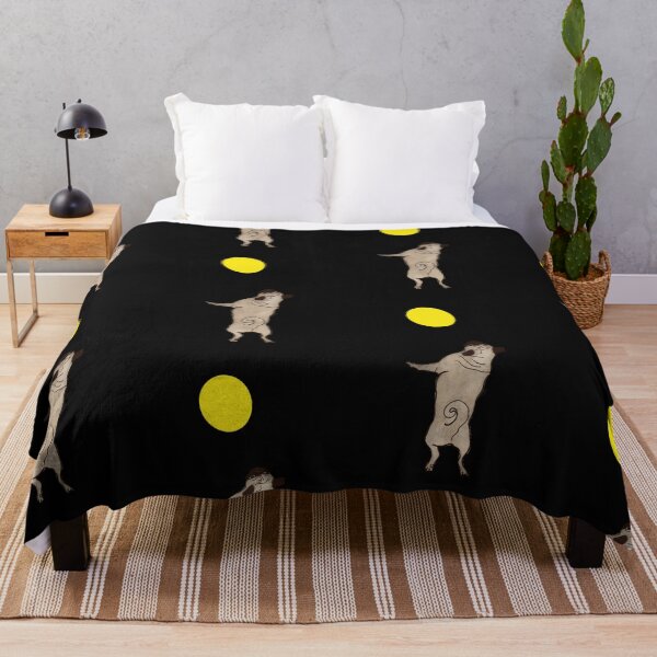 Item preview, Cream Pug jumping up to catch a Lemon Yellow Balloon, black background designed and sold by MonicaArtist.