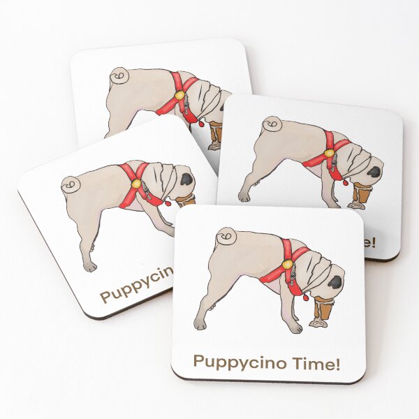 Item preview, Puppycino Time! Creamy Tan Pug with Red Collar drinking his Cappucino  designed and sold by MonicaArtist.