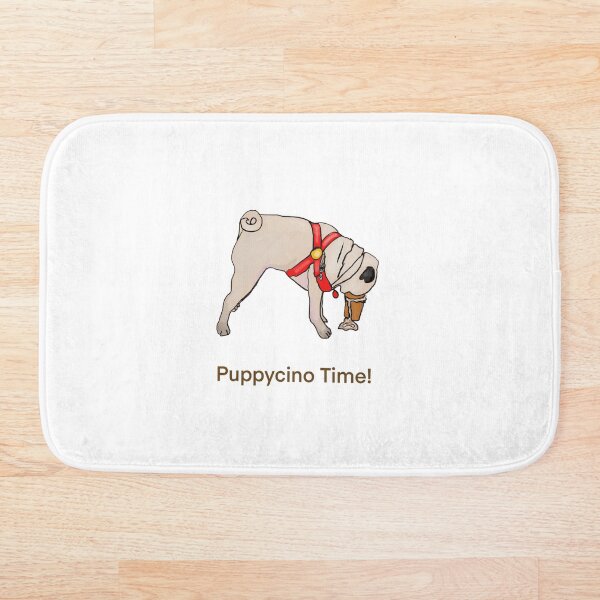 Item preview, Puppycino Time! Creamy Tan Pug with Red Collar drinking his Cappucino  designed and sold by MonicaArtist.