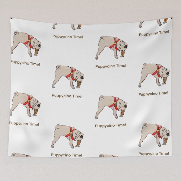 Item preview, Puppycino Time! Creamy Tan Pug with Red Collar drinking his Cappucino  designed and sold by MonicaArtist.