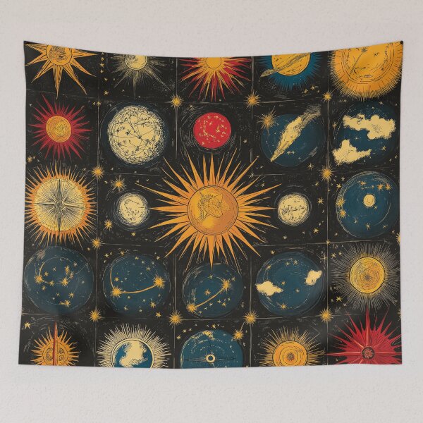 Item preview, A design of the sun, moon, planets, stars, and constellations in an intricate grid-like composition. designed and sold by HEMRO.