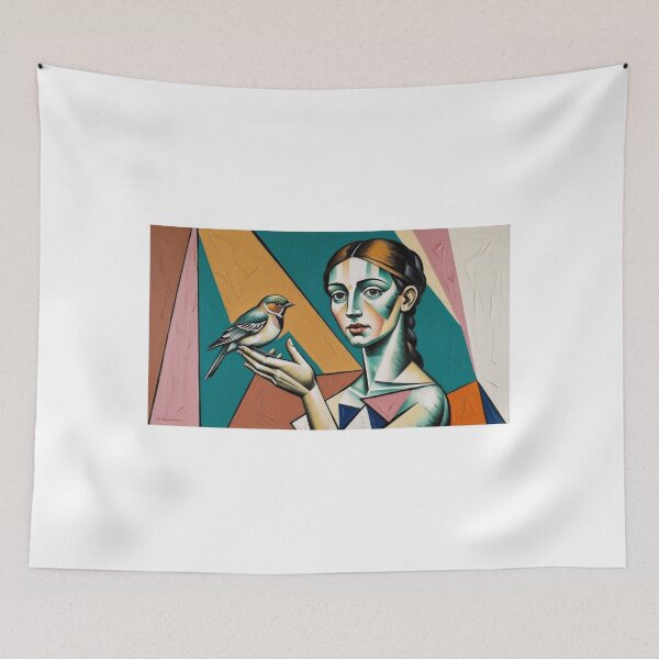 Item preview, A surreal cubist portrait of a woman holding a bird designed and sold by EtCreative.
