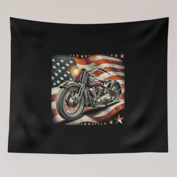 Item preview, Vintage American Motorcycle with USA Flag Backdrop designed and sold by love3617.