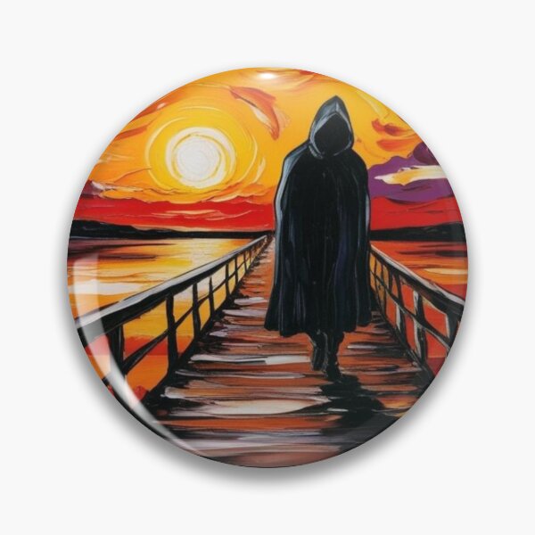 Item preview, Una figura solitaria caminando por un puente desolado bajo una puesta de sol ardiente. designed and sold by EtCreative.