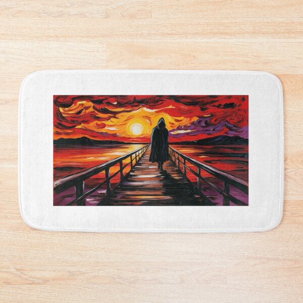 Item preview, A lone figure walking across a desolate bridge under a fiery sunset  designed and sold by EtCreative.