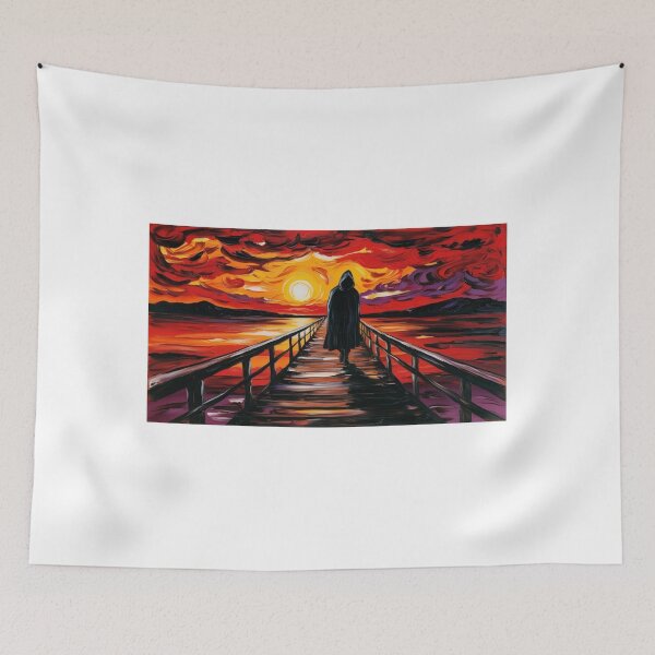 Item preview, A lone figure walking across a desolate bridge under a fiery sunset  designed and sold by EtCreative.