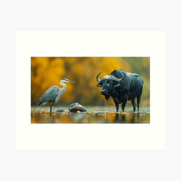 Item preview, A Heron and Buffalo in Rainy Autumn - Wildlife photo designed and sold by TheArtistOf2022.