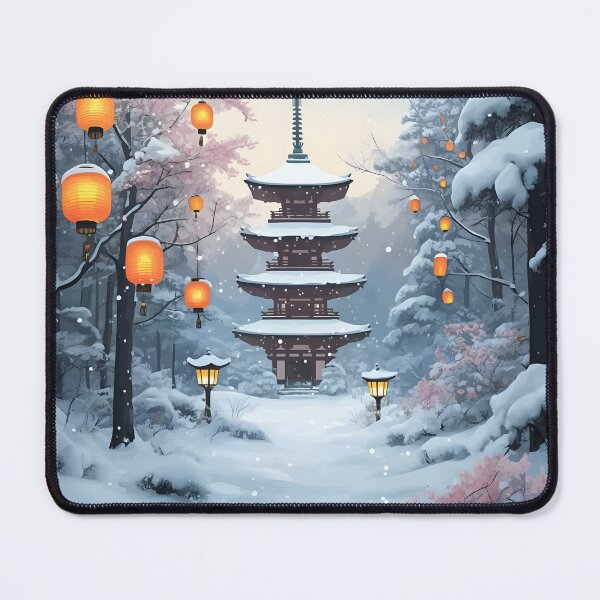 Item preview, Beautiful Asian winter landscape, snow, pagoda, lampions designed and sold by Coolparrotgirl.