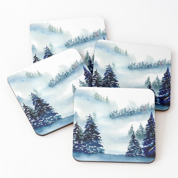 Item preview, Snowy, misty, indigo forest watercolor painting designed and sold by AnissaF.