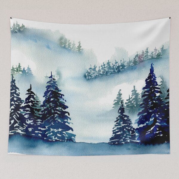 Item preview, Snowy, misty, indigo forest watercolor painting designed and sold by AnissaF.