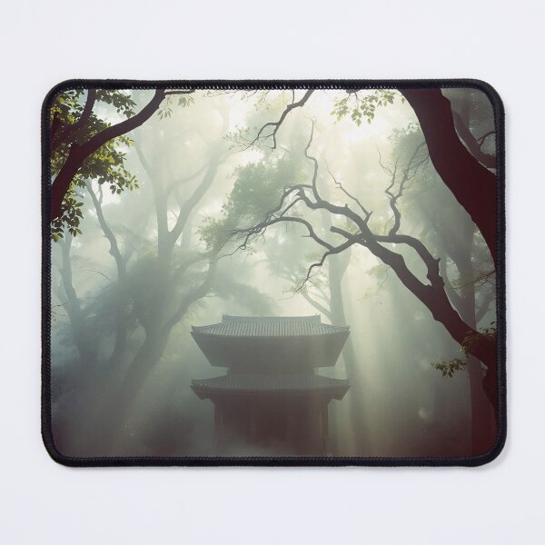 Item preview, A temple shrouded in mist, framed by ancient trees in a serene forest setting. Light filters through the foliage designed and sold by homydesign.