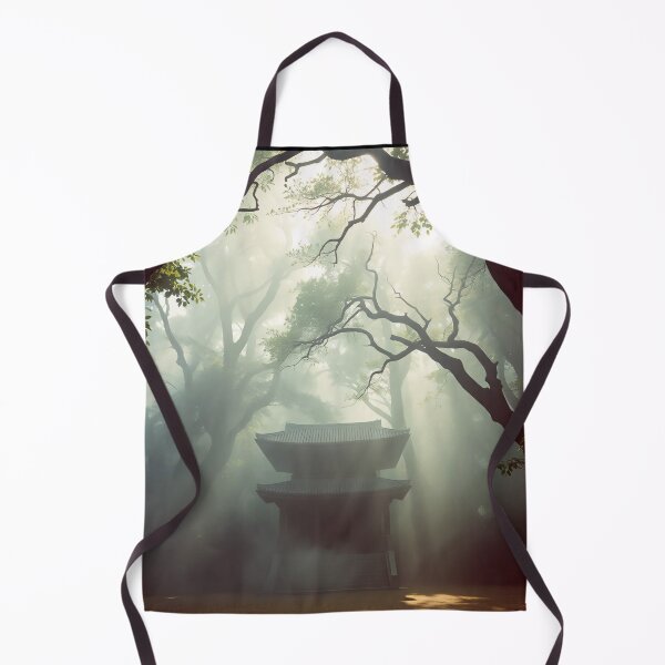 Item preview, A temple shrouded in mist, framed by ancient trees in a serene forest setting. Light filters through the foliage designed and sold by homydesign.