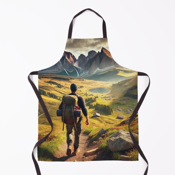 Item preview, A lone hiker with a red backpack and walking stick traverses a scenic mountain path, surrounded by lush green valleys and towering peaks under a dramatic sky designed and sold by homydesign.