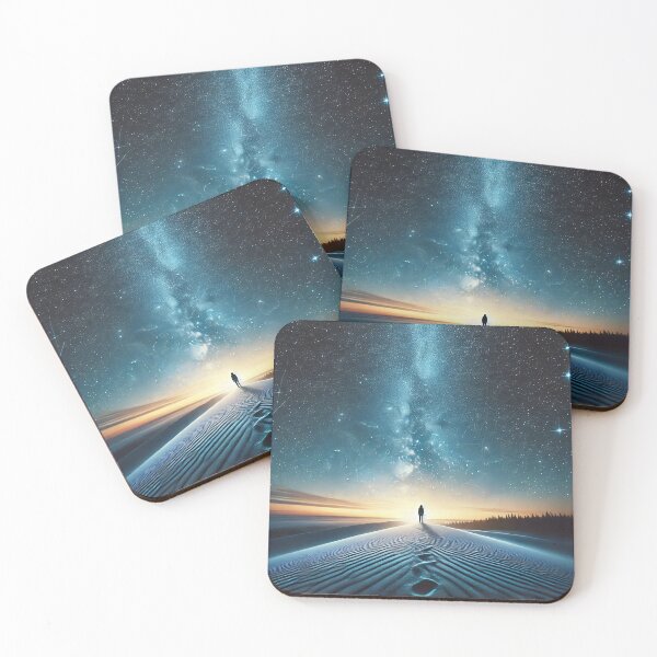 Item preview, A lone figure stands on a rippled sand dune under a starry sky, with the Milky Way stretching above and a glowing horizon in the distance designed and sold by homydesign.