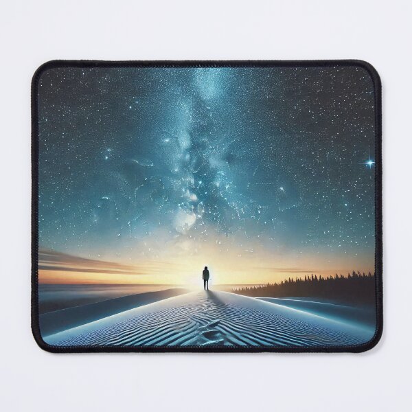Item preview, A lone figure stands on a rippled sand dune under a starry sky, with the Milky Way stretching above and a glowing horizon in the distance designed and sold by homydesign.
