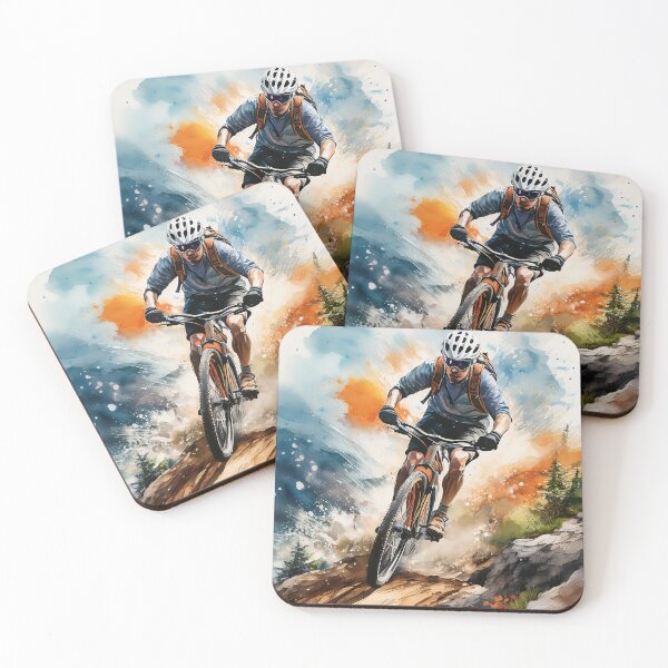 Item preview, A mountain biker in action, riding down a rocky trail with dynamic splashes of color and a scenic mountain backdrop designed and sold by homydesign.