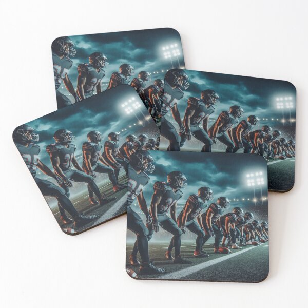 Item preview, Football players in black uniforms and helmets line up on a field under stadium lights, ready for action on a stormy night designed and sold by homydesign.