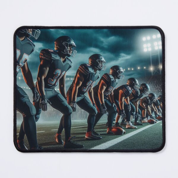 Item preview, Football players in black uniforms and helmets line up on a field under stadium lights, ready for action on a stormy night designed and sold by homydesign.