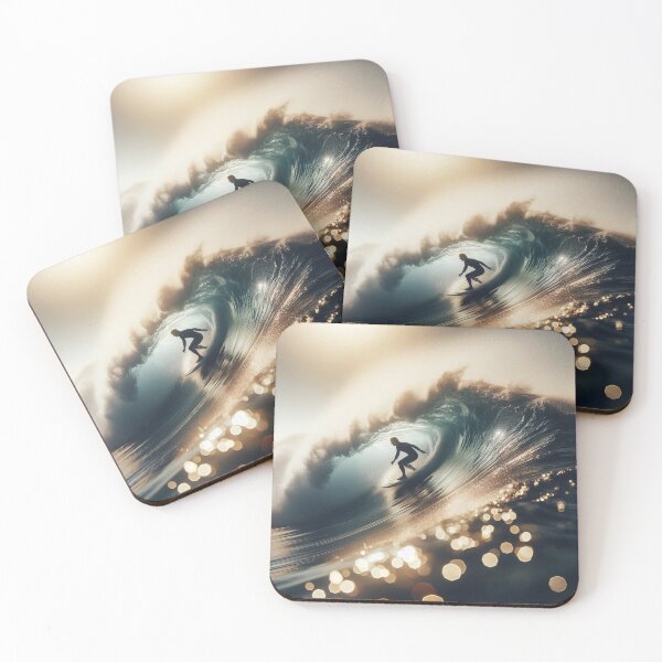 Item preview, A surfer rides a massive wave, illuminated by the golden light of the setting sun, creating a stunning and dynamic scene with sparkling water droplets designed and sold by homydesign.