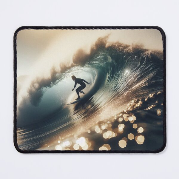 Item preview, A surfer rides a massive wave, illuminated by the golden light of the setting sun, creating a stunning and dynamic scene with sparkling water droplets designed and sold by homydesign.