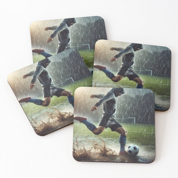Item preview, A soccer player in a hoodie kicks a ball on a muddy field during heavy rain, with water splashing around designed and sold by homydesign.