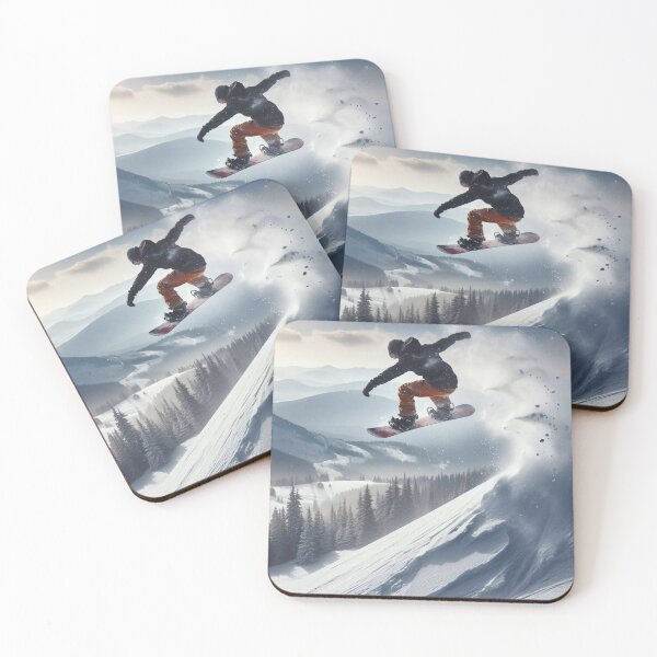 Item preview, Snowboarder performs aerial trick against stunning winter mountain landscape with snowy peaks, evergreen forest, and ski lifts in misty weather designed and sold by homydesign.