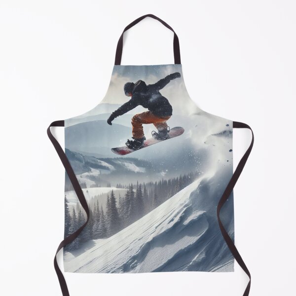 Item preview, Snowboarder performs aerial trick against stunning winter mountain landscape with snowy peaks, evergreen forest, and ski lifts in misty weather designed and sold by homydesign.