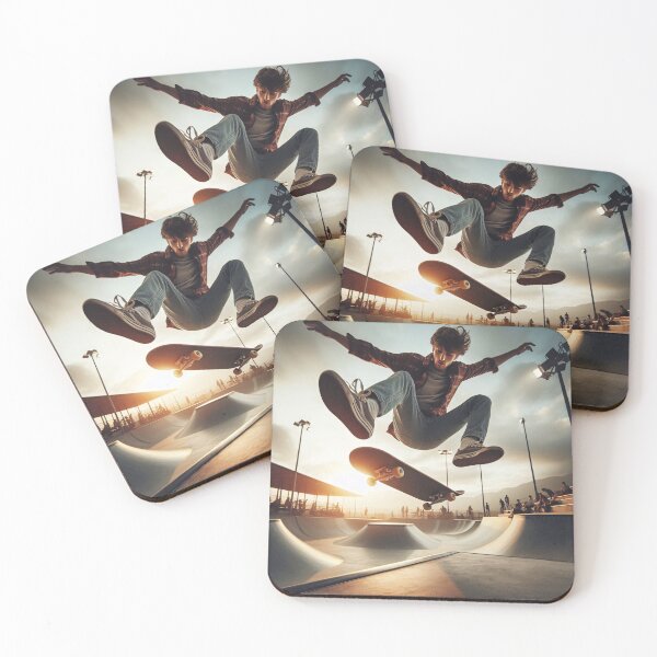 Item preview, Skateboarder performs aerial trick at sunset in skate park, leaping dramatically above curved ramp while spectators watch from sidelines designed and sold by homydesign.