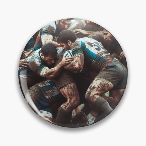 Item preview, Mud-covered rugby players locked in an intense scrum battle wearing blue-green jerseys, showcasing raw power and determination in action-packed match designed and sold by homydesign.