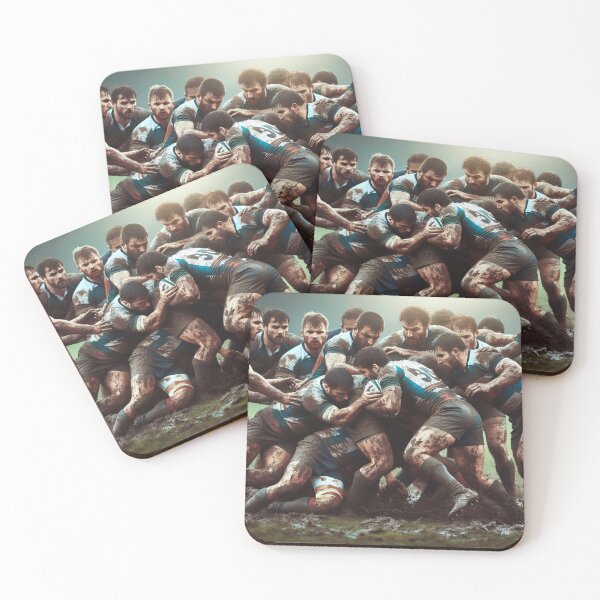 Item preview, Mud-covered rugby players locked in an intense scrum battle wearing blue-green jerseys, showcasing raw power and determination in action-packed match designed and sold by homydesign.