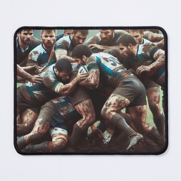 Item preview, Mud-covered rugby players locked in an intense scrum battle wearing blue-green jerseys, showcasing raw power and determination in action-packed match designed and sold by homydesign.