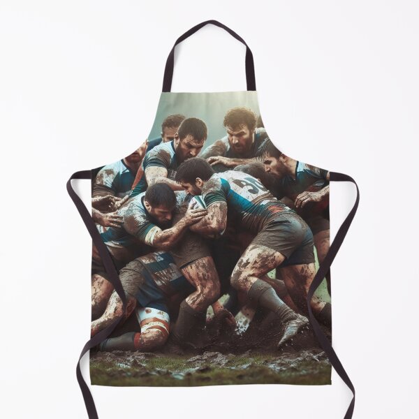 Item preview, Mud-covered rugby players locked in an intense scrum battle wearing blue-green jerseys, showcasing raw power and determination in action-packed match designed and sold by homydesign.