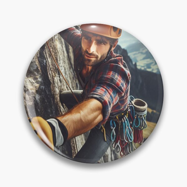Item preview, A climber wearing a helmet and gloves scales a steep rock face with climbing gear attached to the harness, set against a scenic mountain landscape designed and sold by homydesign.