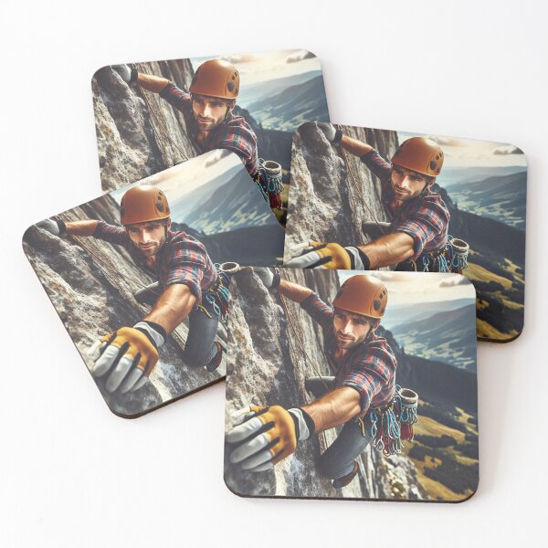 Item preview, A climber wearing a helmet and gloves scales a steep rock face with climbing gear attached to the harness, set against a scenic mountain landscape designed and sold by homydesign.